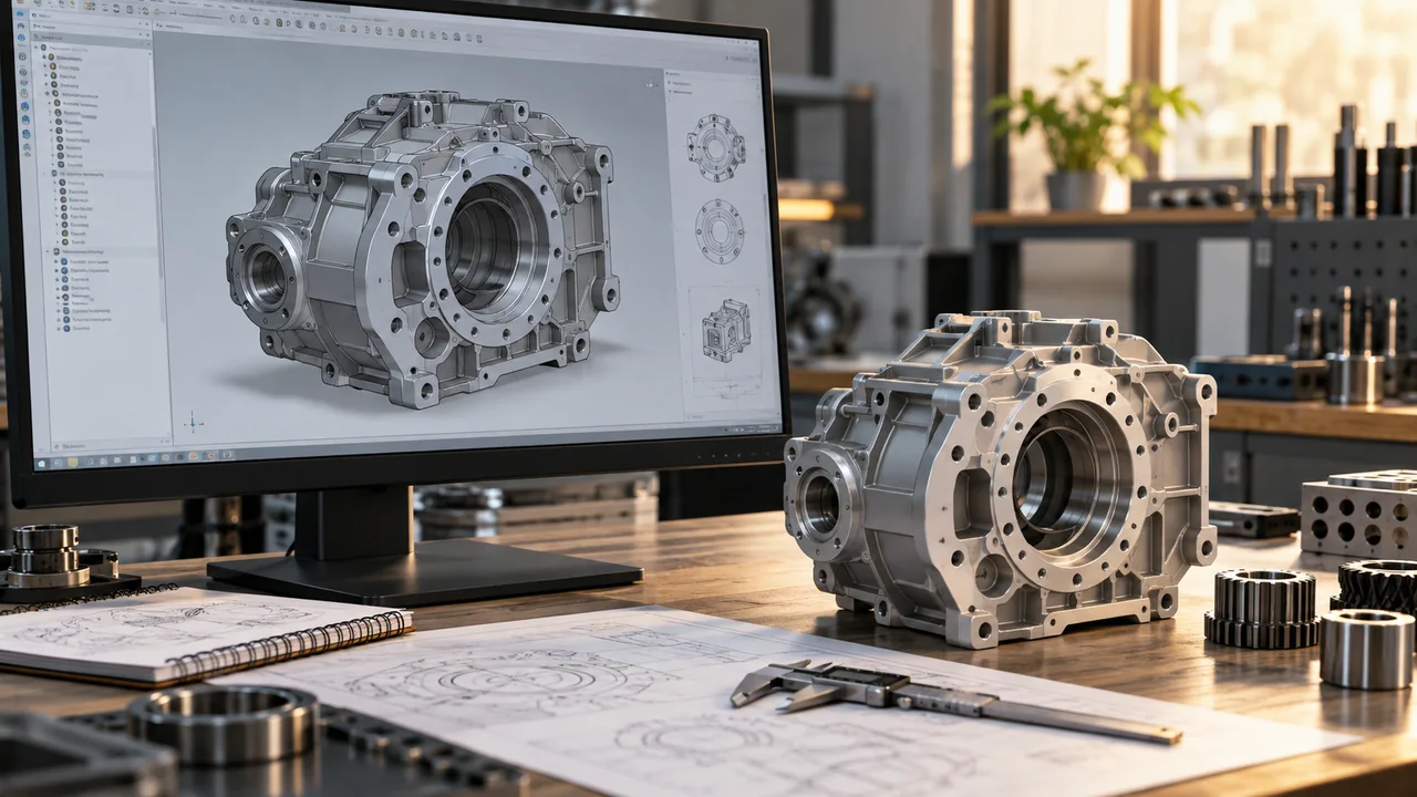 Mekanik CAD modelleme ve fiziksel parça — temsili görsel