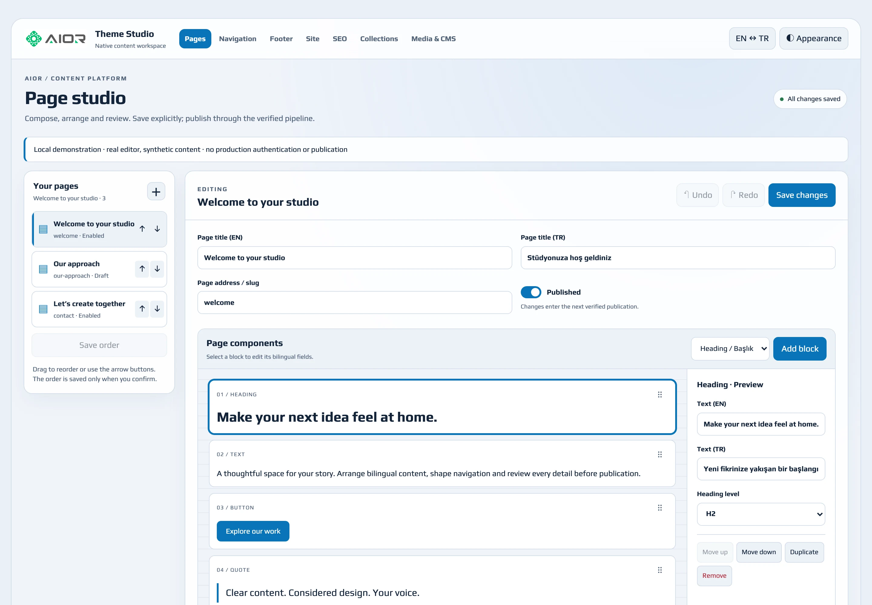Page editor · light appearance · synthetic demo content