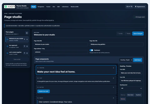 Page editor · dark appearance · synthetic demo content
