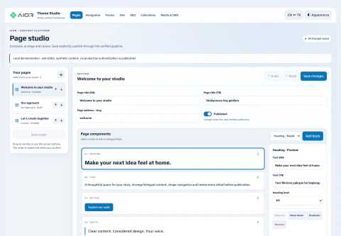Page editor · light appearance · synthetic demo content