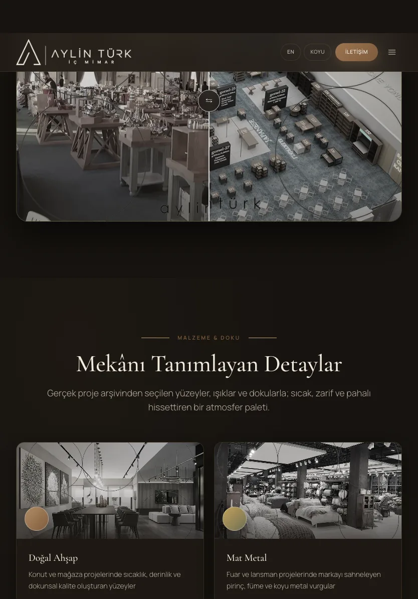 Aylin Türk İç Mimar | Premium İç Mimarlık Portfolyosu | Aylin Turk Interior Architecture (dark theme) — tablet — section 2