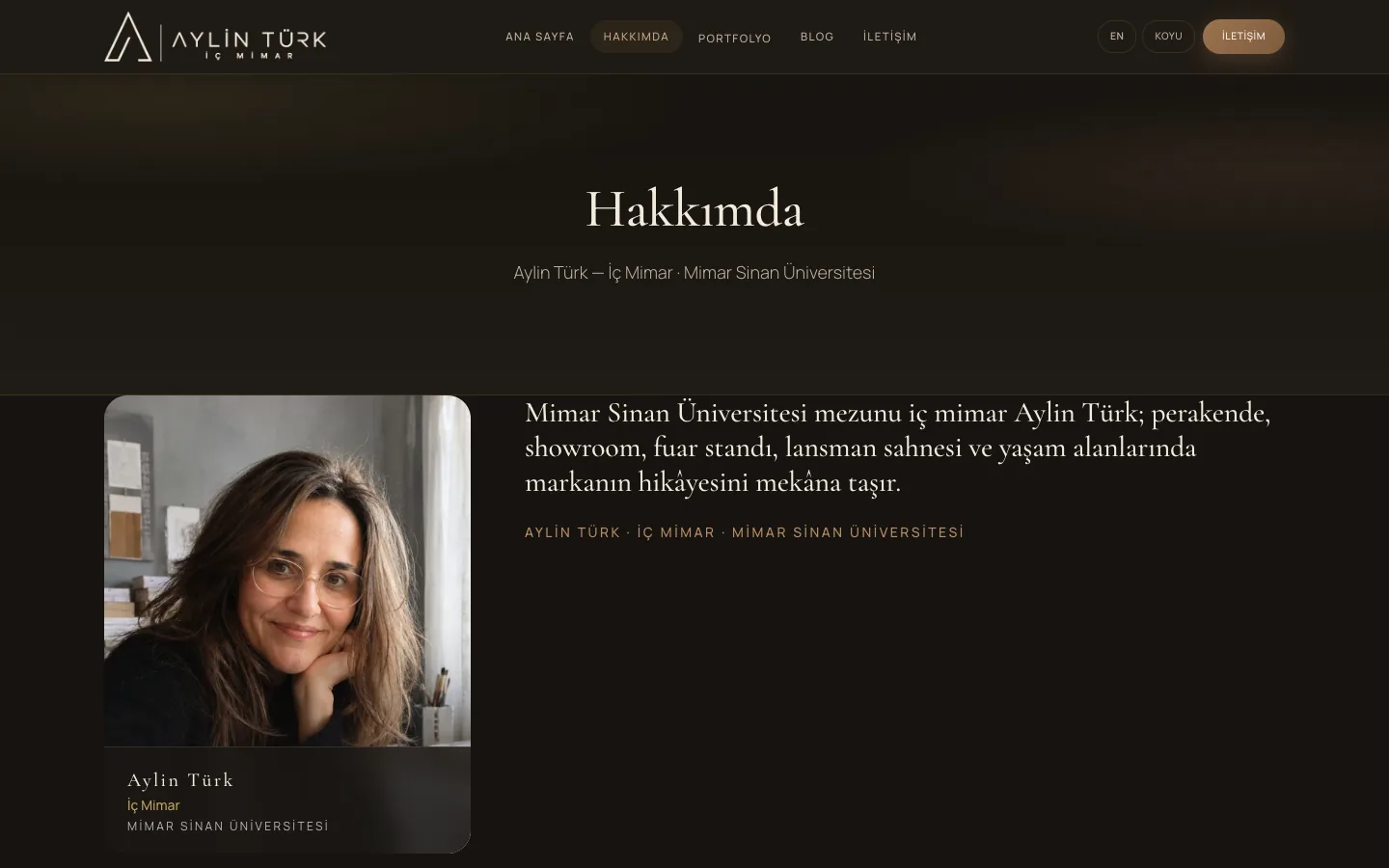 Hakkımda | Aylin Turk Interior Architecture | Aylin Türk İç Mimar (dark theme) — desktop