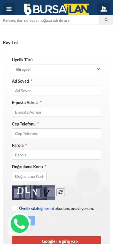 sayfa/kayit ol (dark theme) — mobile