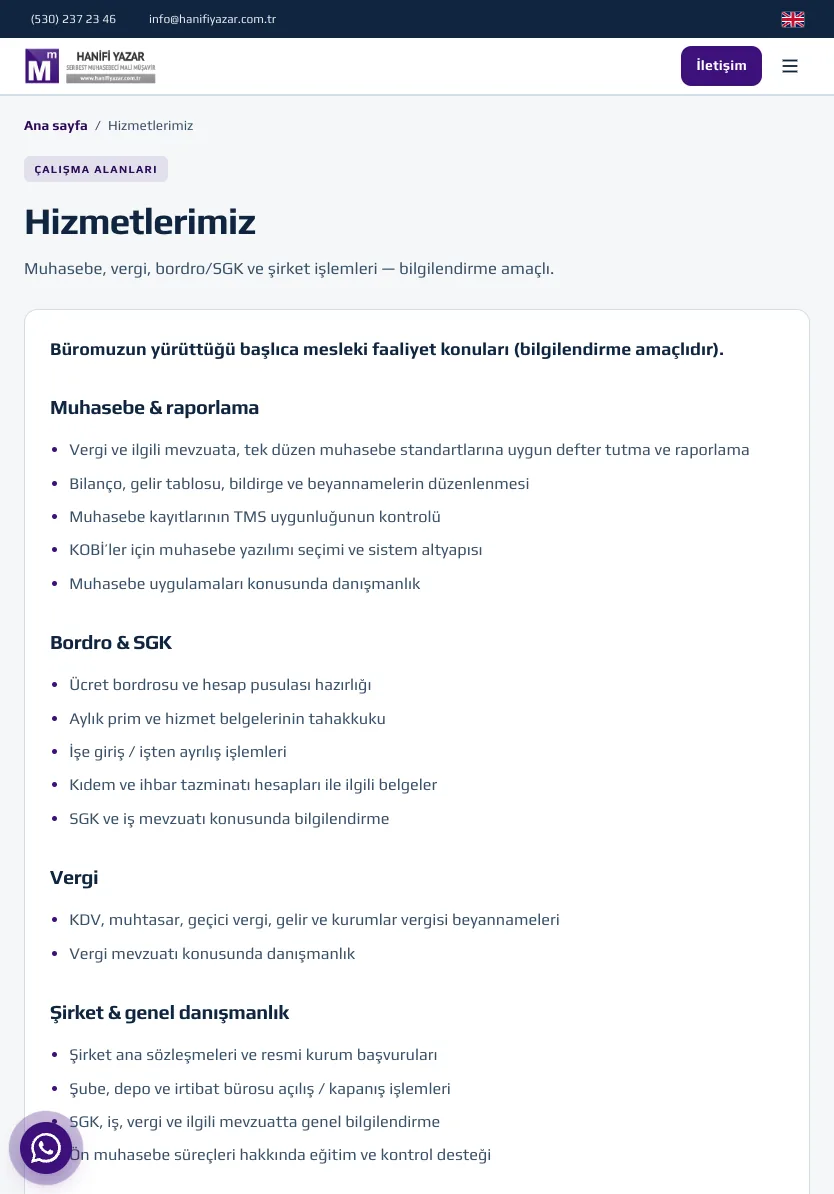 Hizmetlerimiz — Hanifi Yazar SMMM — tablet
