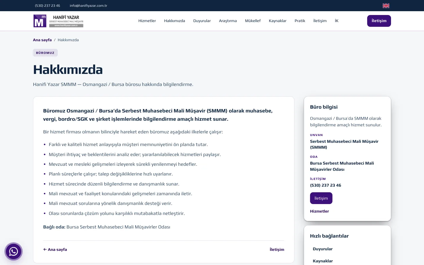 Hakkımızda — Hanifi Yazar SMMM (dark theme) — desktop