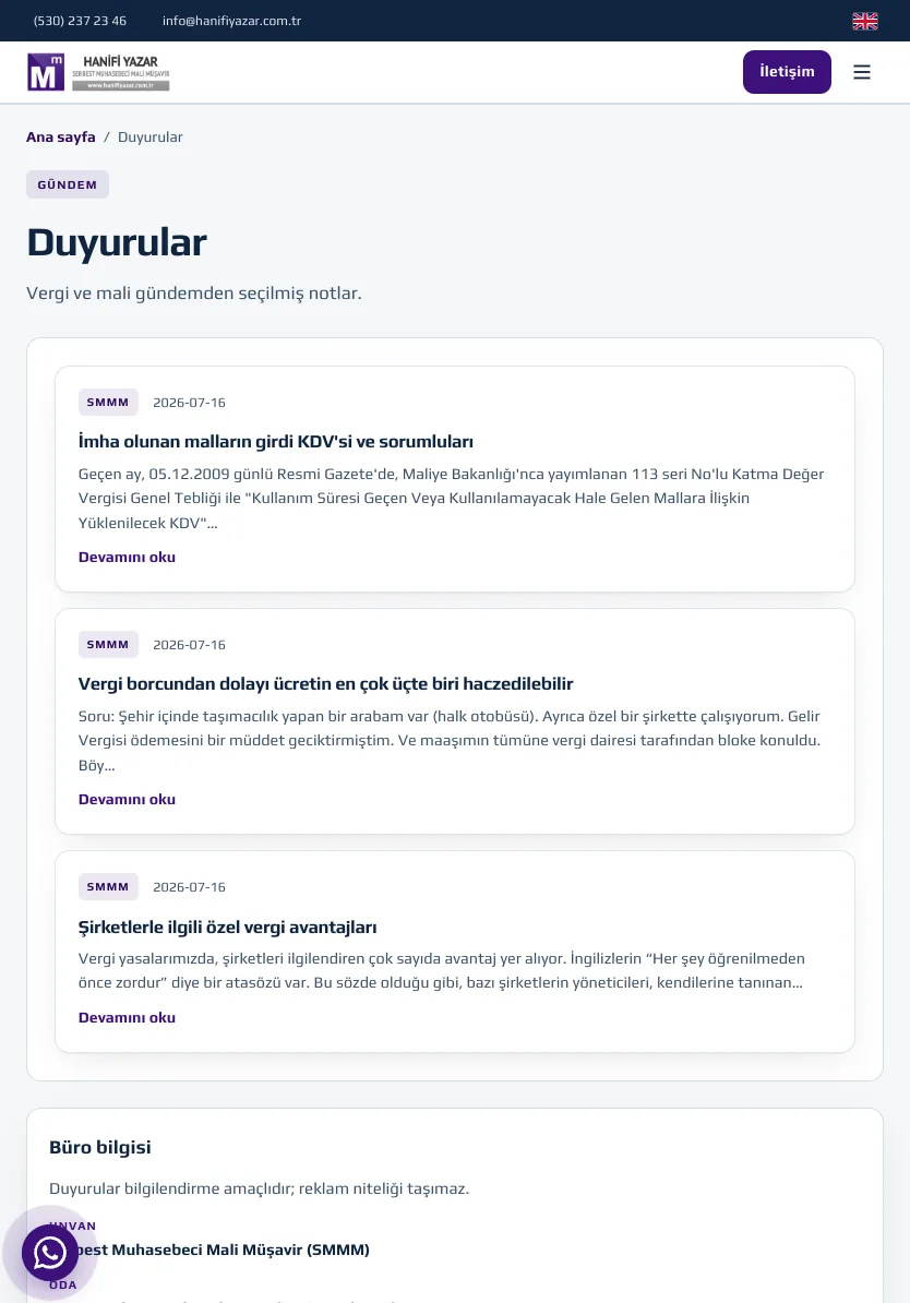 Duyurular — Hanifi Yazar SMMM — tablet
