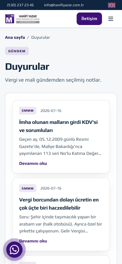 Duyurular — Hanifi Yazar SMMM — mobile