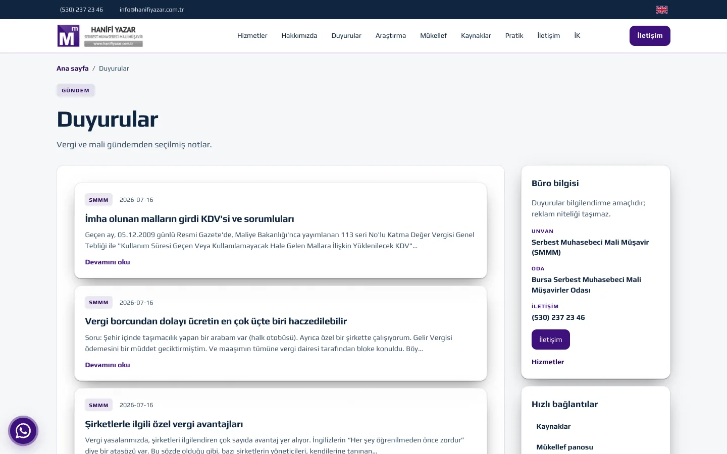 Duyurular — Hanifi Yazar SMMM (dark theme) — desktop