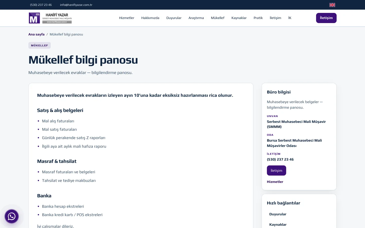 Mükellef bilgi panosu — Hanifi Yazar SMMM — desktop