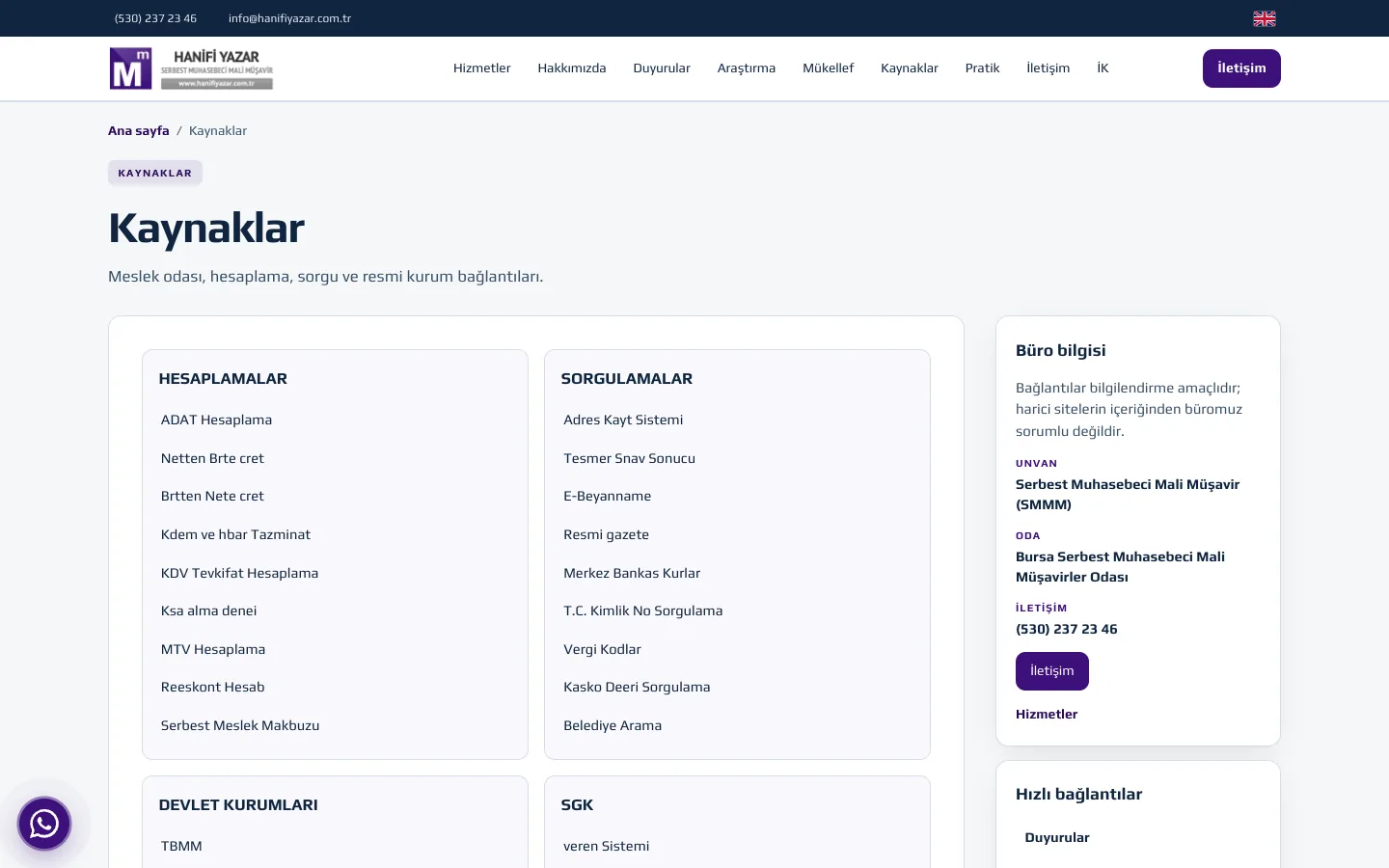 Kaynaklar & Bağlantılar — Hanifi Yazar SMMM — desktop
