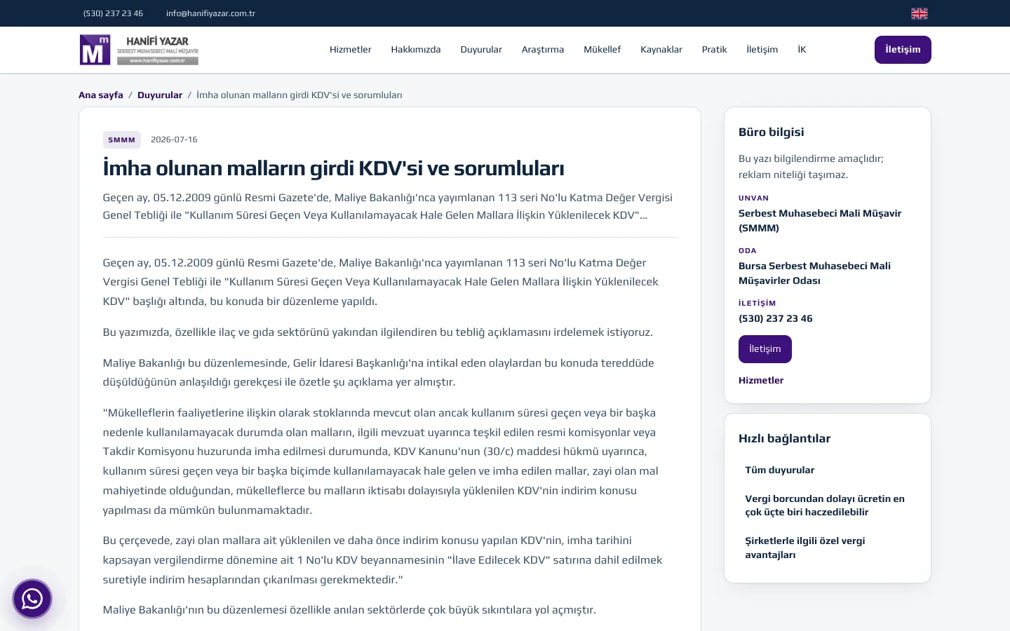 İmha olunan malların girdi KDV'si ve sorumluları — Hanifi Yazar SMMM — desktop