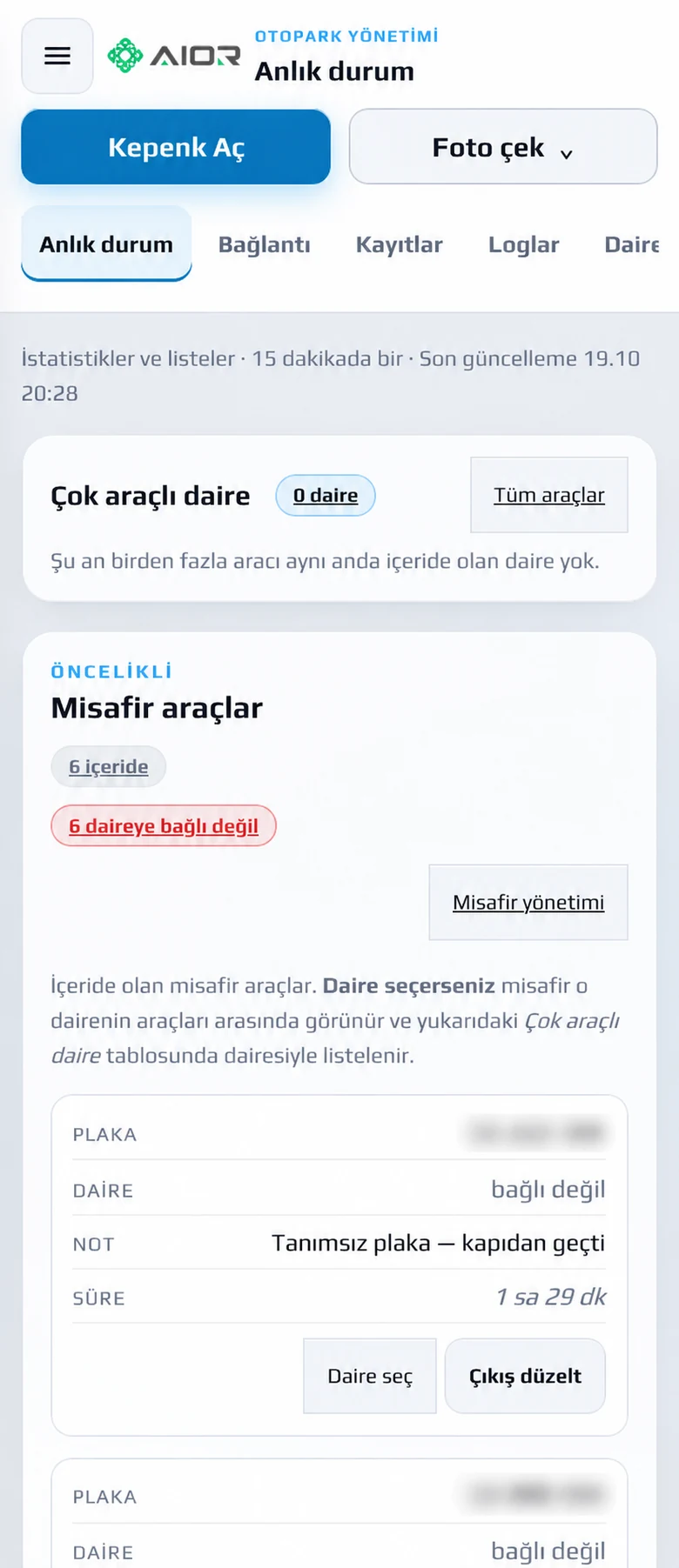 Telefonda otopark web yönetimi; gerçek plaka bilgileri gizlenmiştir